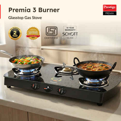 Prestige Premia Schott Glass Top Gas Stove (3 Burners) - GTS 03L (D) (Black)