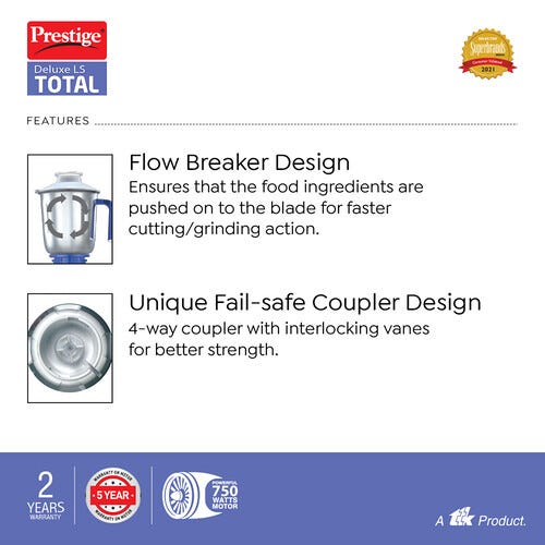 Prestige Delux LS 750 W Mixer Grinder, 5 Jars (1500 ml, 1500 ml, 300 ml) (Blue)