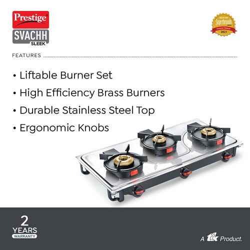 PRESTIGE SLEEK SVACHH GAS STOVE (WITH STAINLESS STEEL TOP AND 3 UNIT BRASS BURNER)