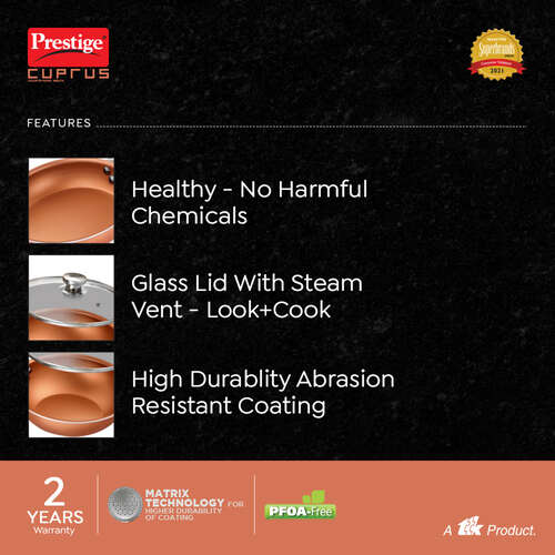 Prestige Cuprus Aluminium Gas and Induction Compatible Non-Stick Kadai with Glass Lid, 26 cm, 3 L (Copper)