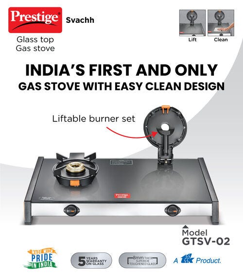 Prestige Svachh Glass Top Gas Stove GTSV | Liftable Burners | Ergonomic Knobs