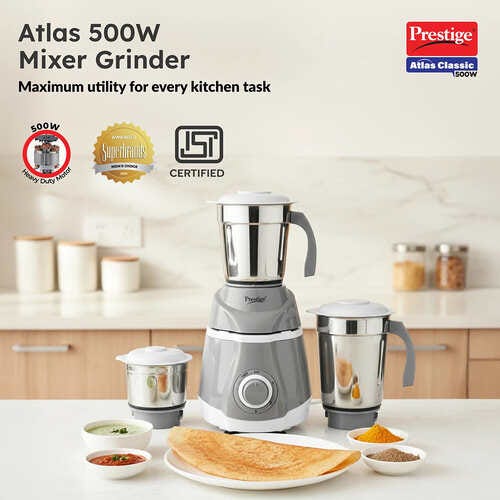 Prestige Classic 500 W Juicer Mixer Grinder (Atlas Classic | 3 Jars | with Flow Breaker Design | White, Grey)