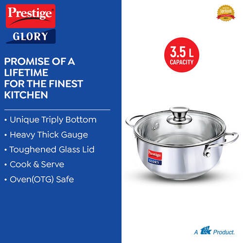 Prestige Glory Stainless Steel Cookware Kadai With Glass Lid