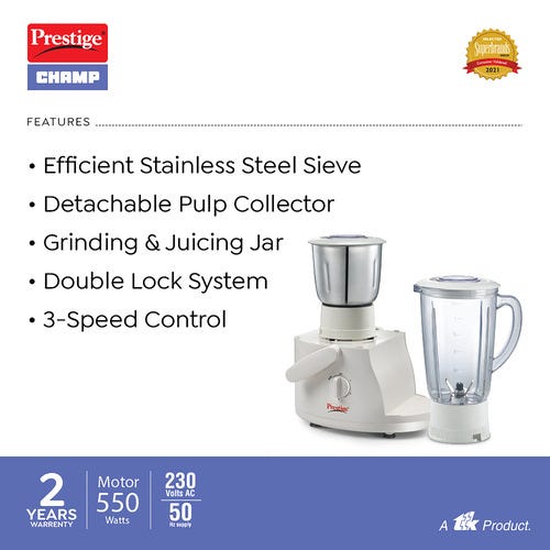 Prestige 550 Watts Champ Juicer Mixer Grinder with 3 Jars (2 Stainless Steel Jars + 1 Juicer Jar)| Detachable Pulp Collector| Stainless Steel Sieve| Double Lock System|White
