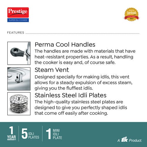 Prestige Super Stainless Steel Steam Vent Idli Cooker, 6 Plate (Silver)