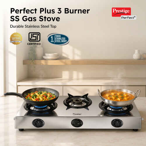 Prestige L.P. Gas Table – Perfect + (With Stainless Steel Body and 3 Unit Brass Burners)