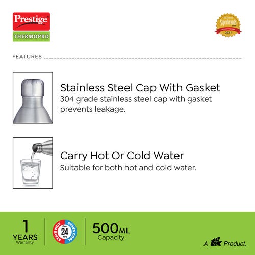 Prestige Thermopro PWSL 2 Stainless Steel Vacuum Water Bottle, (Silver)