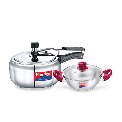 Prestige Nakshatra Alpha Gas and Induction Compatible Pressure Cooker (3.5 L) + Platina Popular Kadai with Glass Lid, 22 cm (2.25 L) Kitchen Set