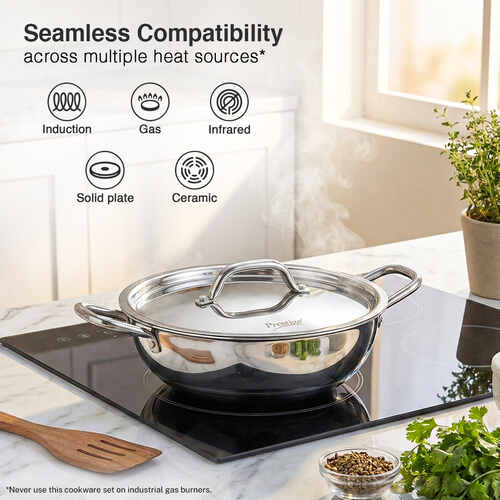 Prestige TRIPLY 4 Pc Cookware Set | TRIPLY Splendid | Fry Pan 24cm/1.7L | Kadai 24cm/2.7L | Sauce Pan 16cm/1.5L | SS Lid 24cm | Gas & Induction Compatible | Even Heat Distribution | 15Y Warranty | ISI