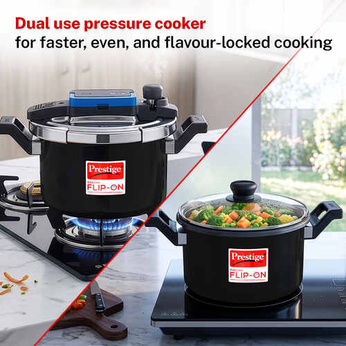Prestige Svachh Flip-on Hard Anodised Gas and Induction Compatible Pressure Cooker with Glass Lid, 5 Litre (Black)