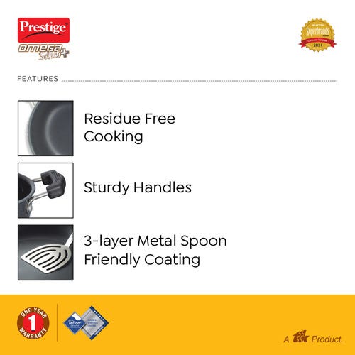 Prestige Omega Select Plus Aluminium Flat Base Non-Stick Coating Kadai with SS Lid, (Black)