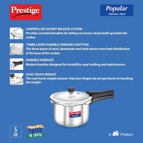 Prestige Popular Outer Lid Stainless Steel Gas and Induction Compatible Pressure Cooker, 2 L (Silver)