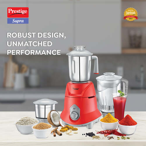 Prestige Supra 750 W Mixer Grinder, 3 Jars (1500 ml, 1500 ml, 300 ml) (Red, Silver)