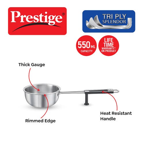 Prestige Tri Ply Splendor Tadka Pan 13 Cm 550Ml Stainless Steel Cookware