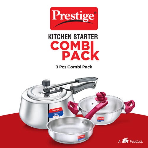 Prestige Nakshatra Cute Svachh 3 L Pressure Cooker + Platina Popular 22 cm (2.25 L) Kadai with Glass Lid and Platina Popular 22 cm (1.9 L) Fry Pan Kitchen Set
