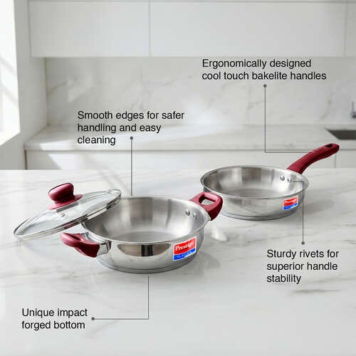 Prestige Stainless Steel 2 Pc Cookware Set with Glass Lid | Platina Popular | Fry Pan 24cm (2.25 L) | Kadai 24cm (2.8 L) | TRIPLY Base | Gas & Induction Compatible | Even Heating | 5Y Warranty | ISI