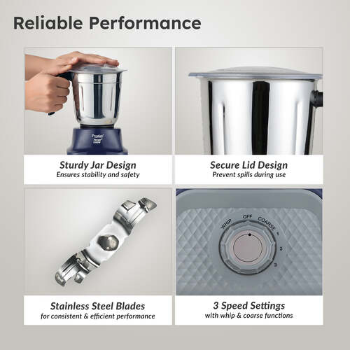Prestige Prism Plus 1000W Mixer Grinder with 3 Stainless Steel Jars – 1.5L Wet Jar, 1.0L Dry Jar, 450ml Chutney Jar | 4-Speed Heavy Duty Motor
