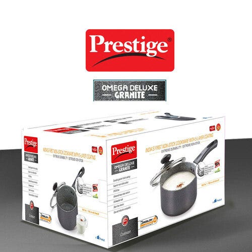 Prestige Omega Deluxe Granite Non-stick Round Base Milk Pan with Glass Lid (Black)