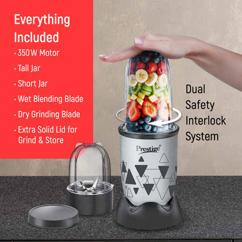 Prestige 350 Watts Iris Nutri-Mix Mixer Grinder with 2 Multipurpose Jars|Compact Design|Dual Safety Inter-Lock System|Extra Lids for Storage|Back & Grey
