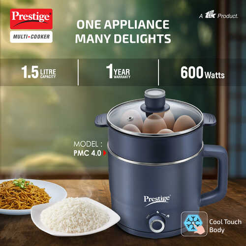 Prestige Multi-Cooker 1.5 Litre PMC 4.0 with Steamer and Egg Rack| Precise Temperature Control| Elegant Glass Lid| Concealed Element| 360 Degree Swivel| Cool Touch Handle