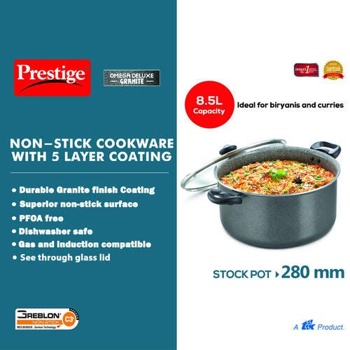 Prestige Omega Deluxe Granite Non-stick Stock Pot, (Black)