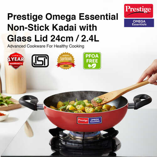Prestige Omega Aluminium Non-Stick Essentials Kadai Dia with Glass Lid