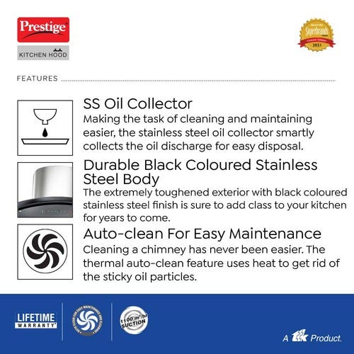 Prestige Oscar 900 KitchenHood - Baffle Filter - Powerful Suction - 1000m3/hr