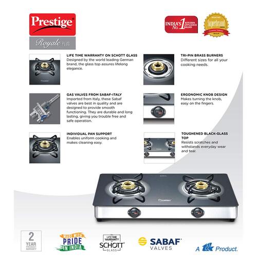Prestige Royale Plus Schott Glass Top Gas Stove - (Black)