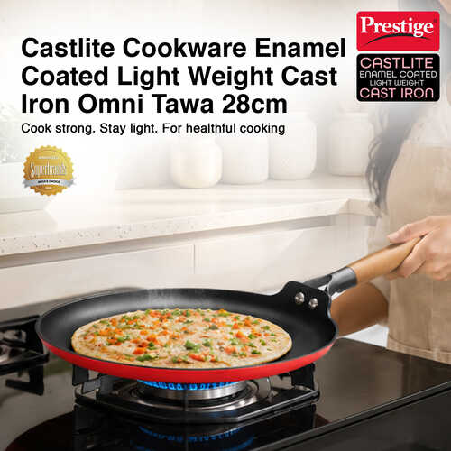 Prestige Castlite Enamel Coated Lightweight Cast Iron Omni Tawa 28cm | High Heat Retention, Rust-Proof | Gas & Induction Compatible | Low-Oil Cooking | Stay-Cool Handle | Easy Clean | 15Y Warranty