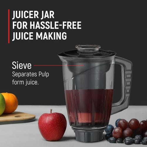 Prestige 1000 Watts Hercules with 4 Jars (3 Stainless Steel Jars + 1 Juicer Jar)| Juicing and Blending Jar with Sieve| Pure Copper Motor| Flow-Breaker Design |4 Super Efficient Blades| Red and Black