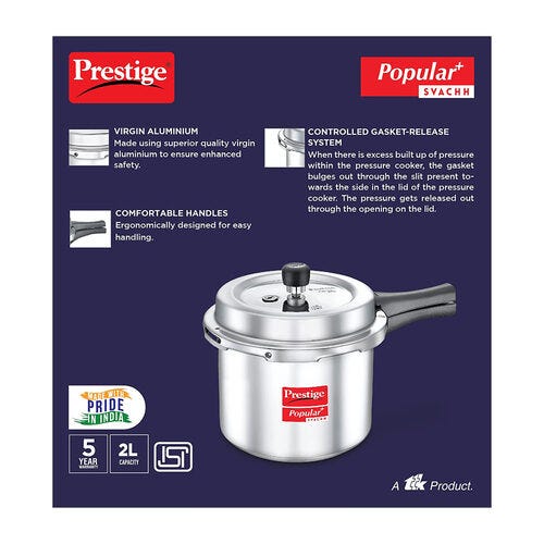 Prestige Popular Plus Svachh Virgin Aluminium Gas and Induction Compatible Pressure Cooker, (Silver)