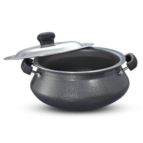 Prestige Omega Select Plus Teflon Non-stick Coated Handi with Stainless Steel Lid and Scrubber for Non-Stick Cookware, (Black) 23 cm