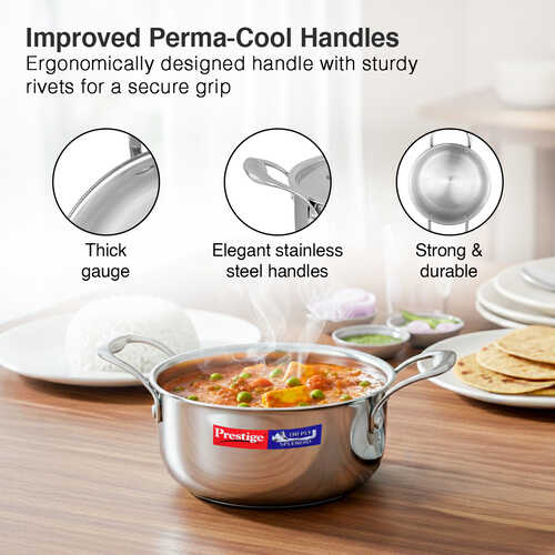 Prestige 16cm/1.5L Tri-Ply Stainless Steel Splendid Casserole| Gas and Induction Compatible |Even Heat Distribution| Thick Gauge Tri-Ply Body| Perma Cool Handles|15 Year Warranty
