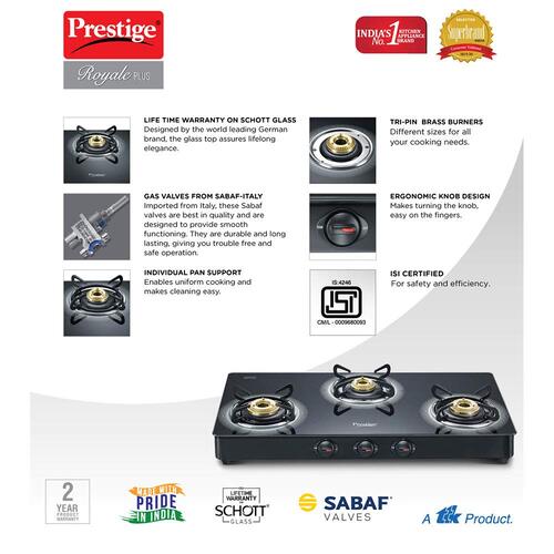 Prestige Royale Plus GT03L Manual Powder Coated 3 Burners Gas Stove, Black
