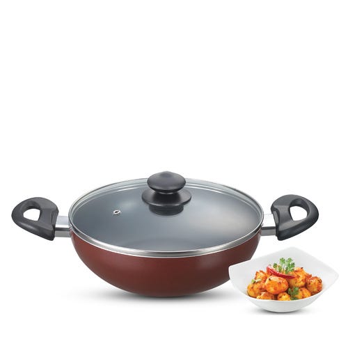 Prestige Omega Aluminium Non-Stick Essentials Kadai Dia with Glass Lid