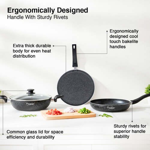 Prestige Svachh Granite Non-Stick 3-Piece Set Cookware |Dual Non-Stick Delight|Omni Tawa -28cm Dia, Kadai with GlassLid -24cm Dia, Fry Pan -24cm Dia|Gas and Induction Compatible|Metal Spoon Friendly