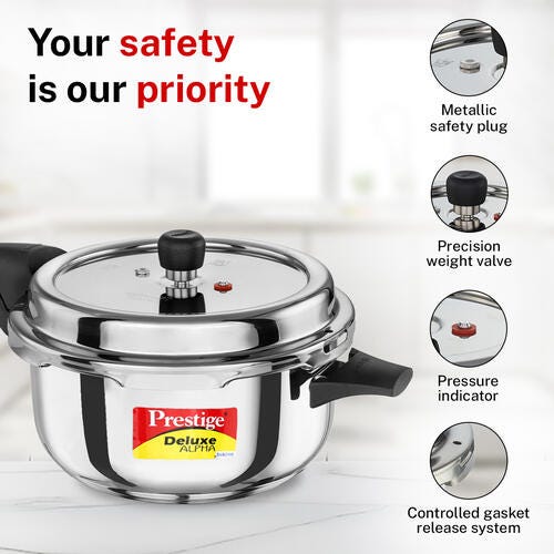 Prestige 5 Litre Stainless Steel Deluxe Alpha Svachh Outer Lid Deep Pressure Pan Cooker | 10Y Warranty | Deep Lid for Spillage Control | TRIPLY Base | GRS | Gas & Induction Compatible | ISI