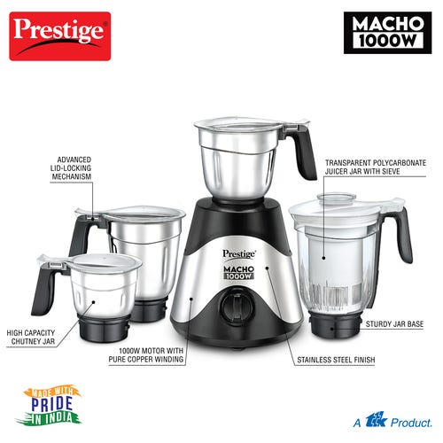 Prestige 1000 Watts Macho Mixer Grinder with 4 Jars (3 Stainless Steel Jars + 1 Juicer Jar)|Advance Lid Lock Mechanism| Stainless Steel Body| Silver & Black
