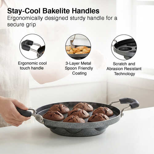 Prestige Omega Select Plus Teflon Coating Residue-free Cooking Round Base 7 Pits Paniyarakkal 20 cm (Black)