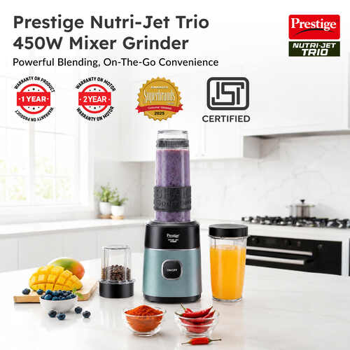 Prestige Nutri-Jet Trio 450 Watt Mixer Grinder with 3 Transparent Jars | Space-Saving Design | Extra Sipper Lid | Stainless Steel Blades | 1Y Warranty | ISI Certified
