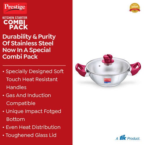 Prestige Nakshatra Alpha Gas and Induction Compatible Pressure Cooker (3.5 L) + Platina Popular Kadai with Glass Lid, 22 cm (2.25 L) Kitchen Set