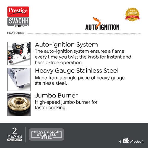 Prestige Svachh Perfect 3B with Liftable Burners Stainless Steel Auto-ignition Gas Stove