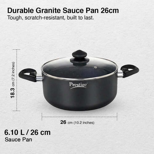 Prestige Omega Deluxe Granite Non-stick Round Base Sauce Pan with Glass Lid, 26cm, 5.75 L (Black)