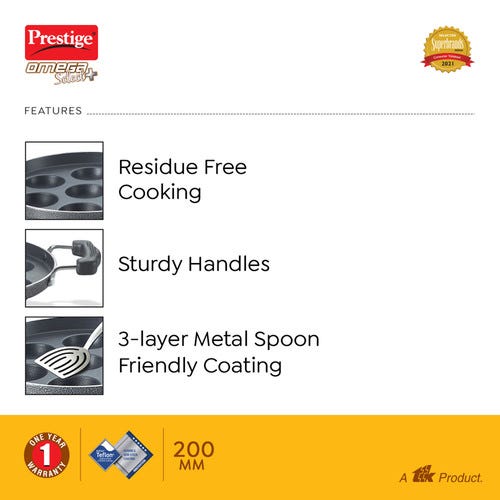 Prestige Omega Select Plus Teflon Coating Residue-free Cooking Round Base Paniyarakkal (Black)