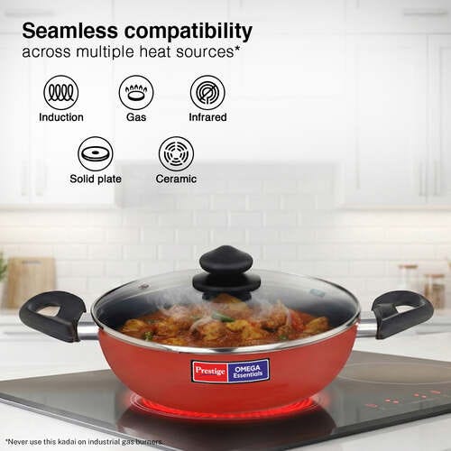 Prestige Omega Aluminium Non-Stick Essentials Kadai Dia 24 cm /2.4 L with Glass Lid
