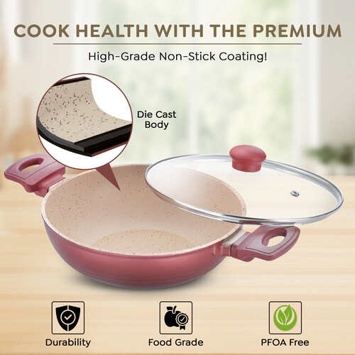 Prestige Omega Die-Cast Non-Stick Kadai with Glass Lid | 3-Layer Coating | Die-Cast Body | Metal Spoon Friendly | Heavy Base