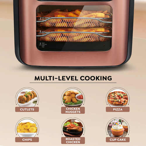 Prestige AirChef 12L Air Fryer Oven | 1800 Watts | 360° Rapid Air Technology | Multi-level Cooking | Rotisserie | 10 Preset Menu | 80% less Oil Consumption | Rose Gold | 1Y Warranty | ISI Certified