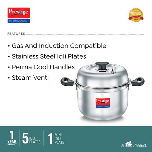 Prestige Super Stainless Steel Steam Vent Idli Cooker, 6 Plate (Silver)