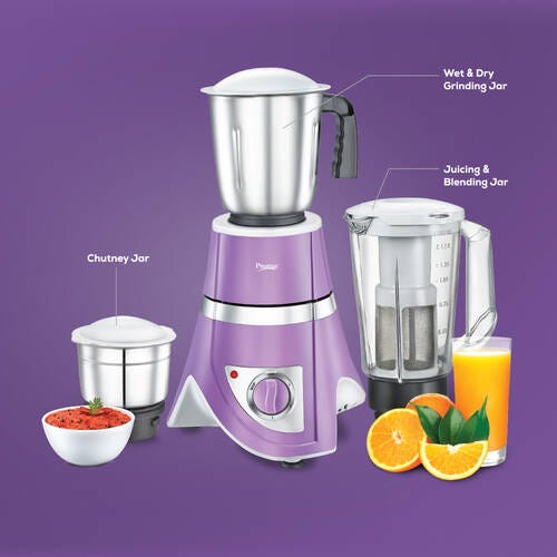 Prestige 750 Watts Zenith Blender Mixer Grinder with 3 Jars (2 Stainless Steel Jars + 1 Jucier Jar)| Flow Breaker Design| Juicer Extractor Jar| Compact Design| Purple