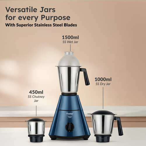 Prestige 750 Watts Grace Mixer Grinder with 3 Stainless Steel Jars|3 Super Efficient Blades|Sturdy Handles|Dome Shaped Lid|Blue & Black